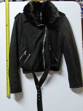 Bellivera Women’s Black Faux Fur Collar Moto Jacket Zip Front NWT